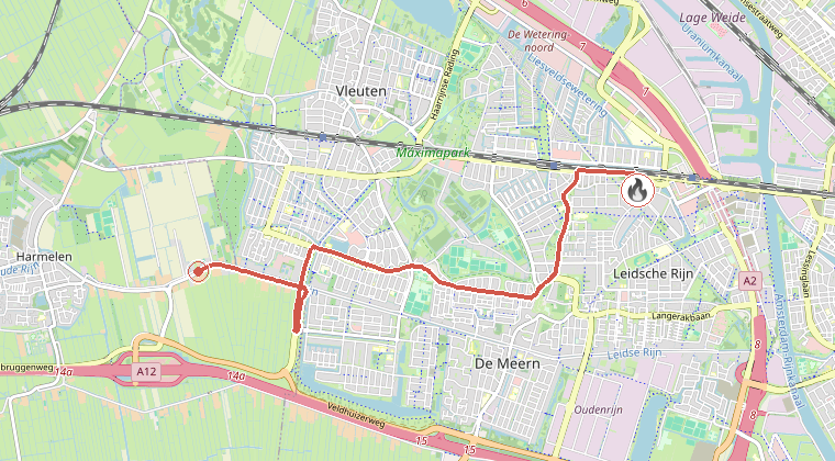 Kaart van de omgeving van de melding, met de kazerne die is gealarmeerd