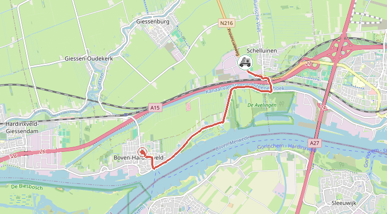 Kaart van de omgeving van de melding, met de kazerne die is gealarmeerd