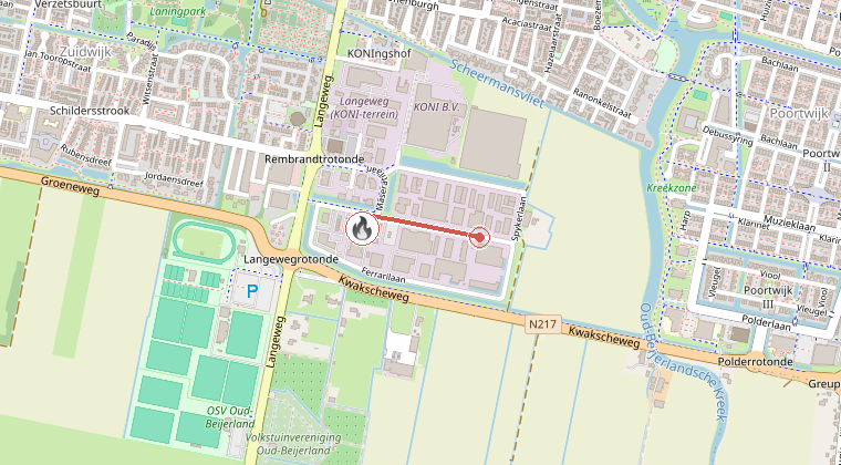 Kaart van de omgeving van de melding, met de kazerne die is gealarmeerd