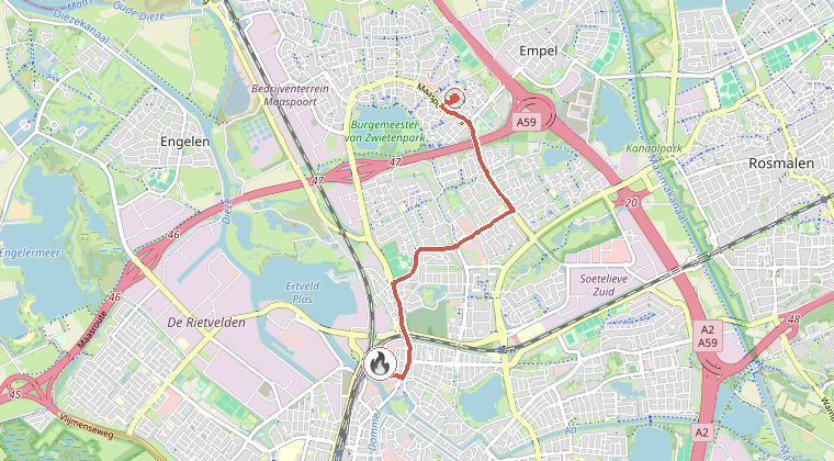 Kaart van de omgeving van de melding, met de kazerne die is gealarmeerd