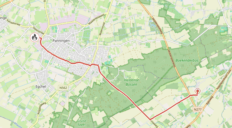 Kaart van de omgeving van de melding, met de kazerne die is gealarmeerd