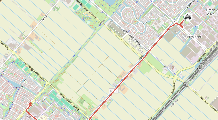 Kaart van de omgeving van de melding, met de kazerne die is gealarmeerd