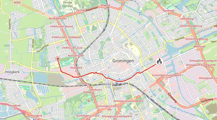 Kaart van de omgeving van de melding, met de kazerne die is gealarmeerd