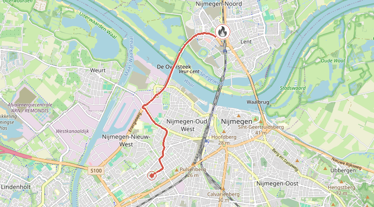 Kaart van de omgeving van de melding, met de kazerne die is gealarmeerd