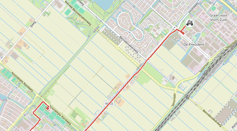 Kaart van de omgeving van de melding, met de kazerne die is gealarmeerd