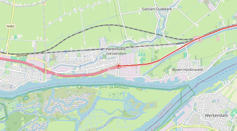Kaart van de omgeving van de melding, met de kazerne die is gealarmeerd