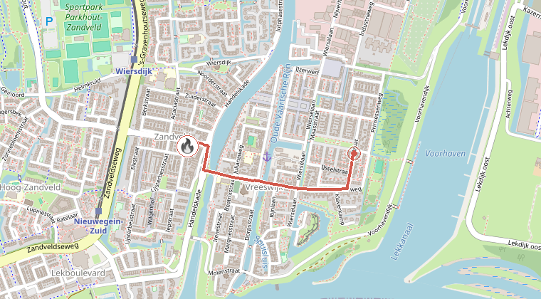Kaart van de omgeving van de melding, met de kazerne die is gealarmeerd