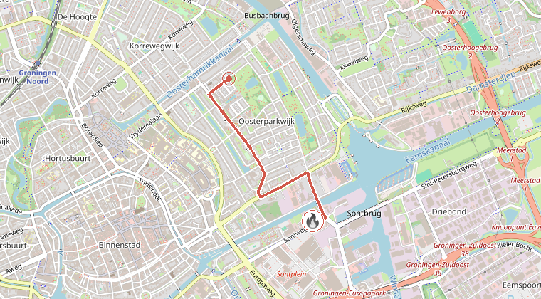 Kaart van de omgeving van de melding, met de kazerne die is gealarmeerd