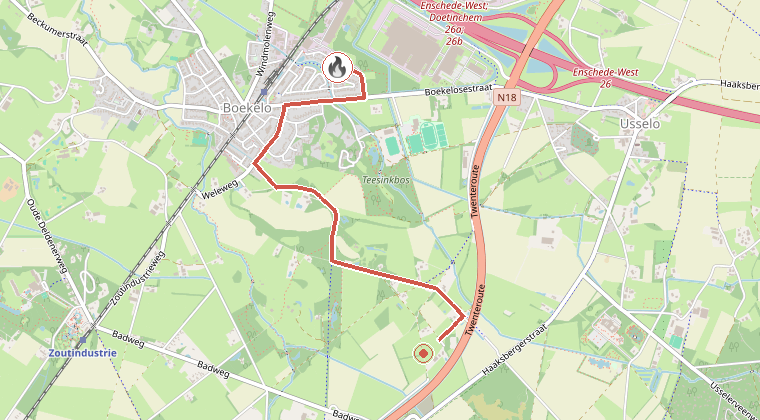 Kaart van de omgeving van de melding, met de kazerne die is gealarmeerd
