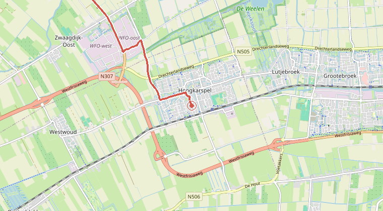 Kaart van de omgeving van de melding, met de kazerne die is gealarmeerd
