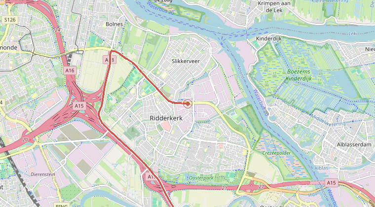 Kaart van de omgeving van de melding, met de kazerne die is gealarmeerd