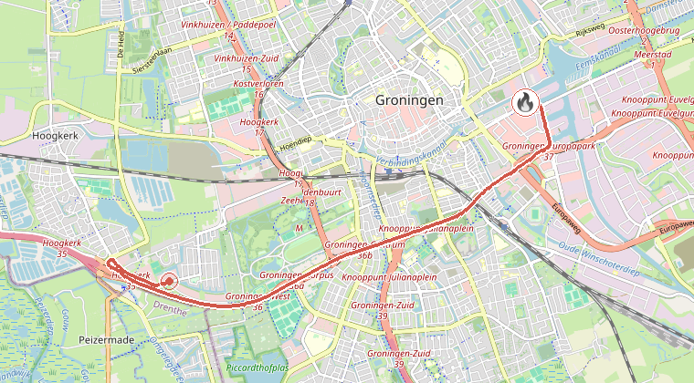 Kaart van de omgeving van de melding, met de kazerne die is gealarmeerd