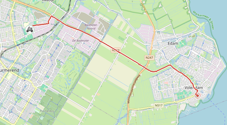 Kaart van de omgeving van de melding, met de kazerne die is gealarmeerd