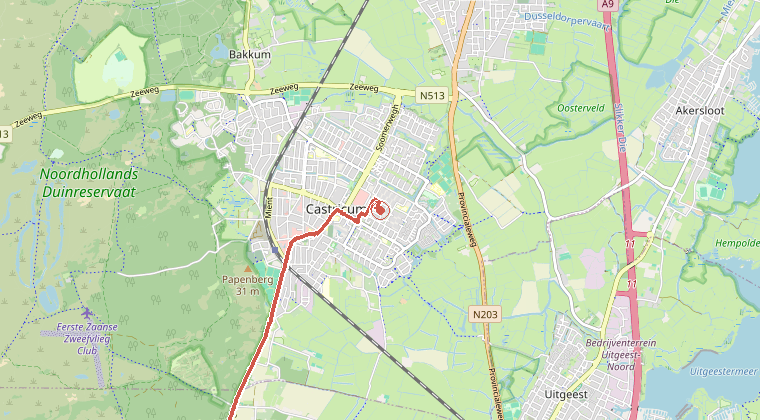 Kaart van de omgeving van de melding, met de kazerne die is gealarmeerd