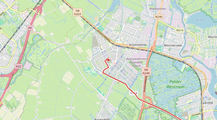Kaart van de omgeving van de melding, met de kazerne die is gealarmeerd