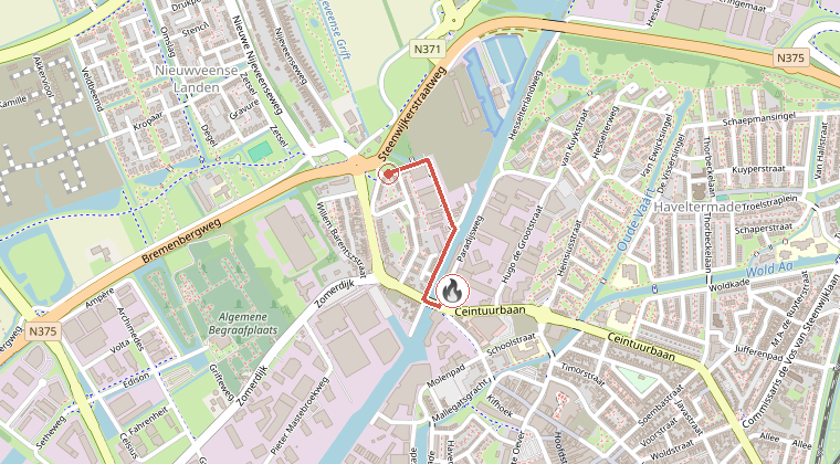 Kaart van de omgeving van de melding, met de kazerne die is gealarmeerd