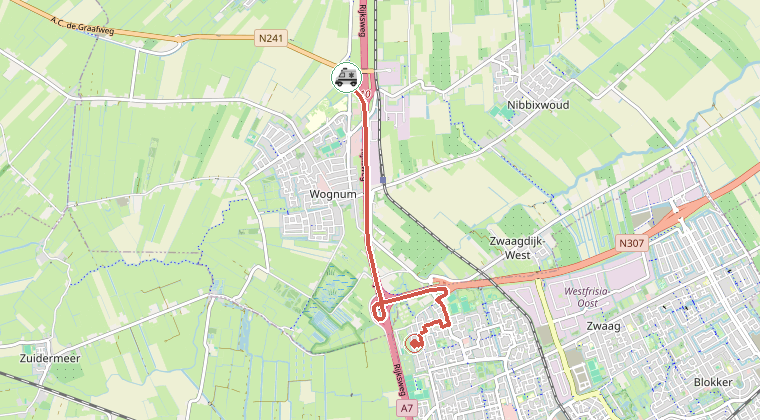 Kaart van de omgeving van de melding, met de kazerne die is gealarmeerd
