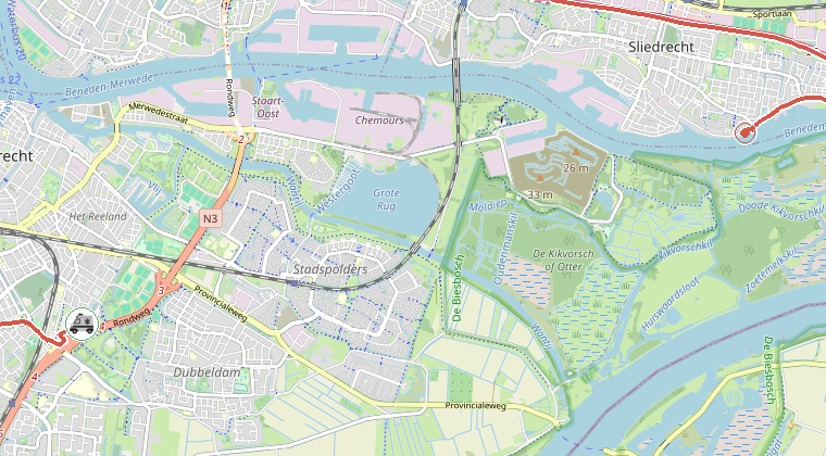 Kaart van de omgeving van de melding, met de kazerne die is gealarmeerd