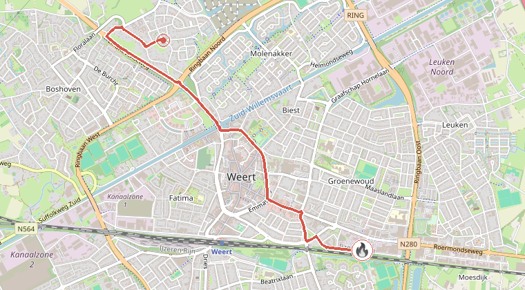 Kaart van de omgeving van de melding, met de kazerne die is gealarmeerd