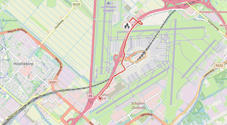 Kaart van de omgeving van de melding, met de kazerne die is gealarmeerd