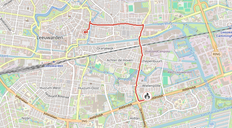 Kaart van de omgeving van de melding, met de kazerne die is gealarmeerd