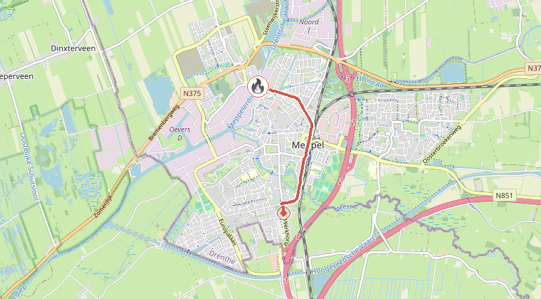 Kaart van de omgeving van de melding, met de kazerne die is gealarmeerd