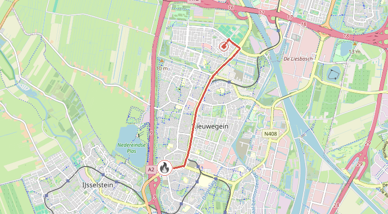 Kaart van de omgeving van de melding, met de kazerne die is gealarmeerd
