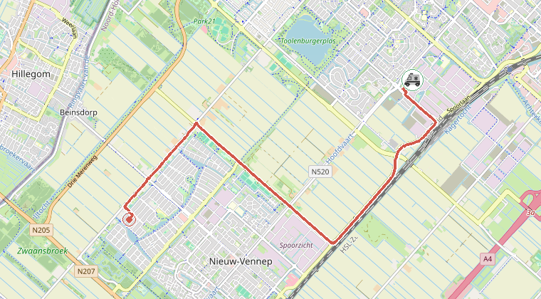 Kaart van de omgeving van de melding, met de kazerne die is gealarmeerd