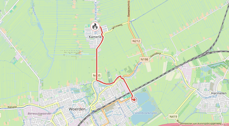 Kaart van de omgeving van de melding, met de kazerne die is gealarmeerd