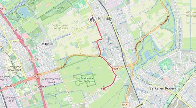 Kaart van de omgeving van de melding, met de kazerne die is gealarmeerd