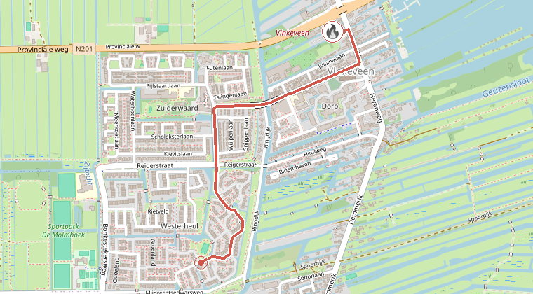 Kaart van de omgeving van de melding, met de kazerne die is gealarmeerd