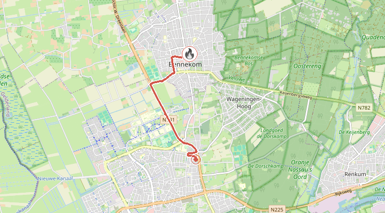 Kaart van de omgeving van de melding, met de kazerne die is gealarmeerd