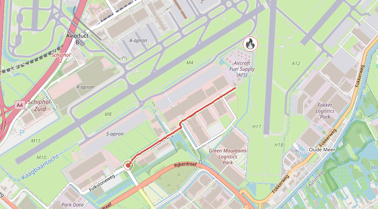 Kaart van de omgeving van de melding, met de kazerne die is gealarmeerd