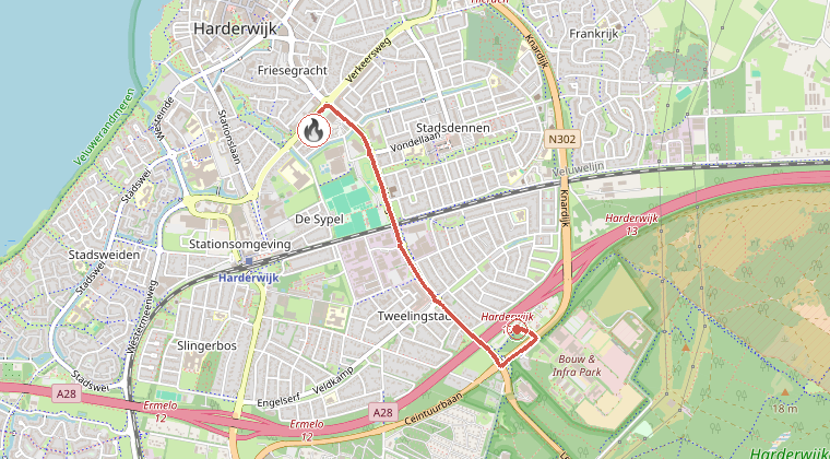 Kaart van de omgeving van de melding, met de kazerne die is gealarmeerd