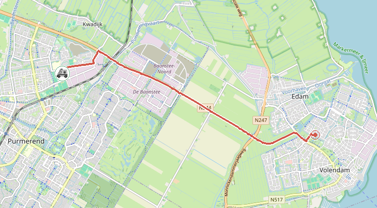 Kaart van de omgeving van de melding, met de kazerne die is gealarmeerd