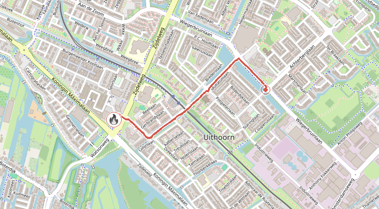 Kaart van de omgeving van de melding, met de kazerne die is gealarmeerd