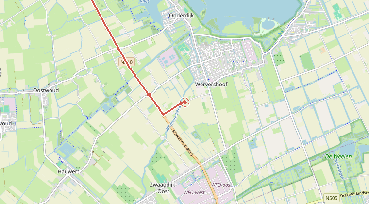 Kaart van de omgeving van de melding, met de kazerne die is gealarmeerd