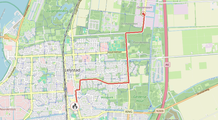 Kaart van de omgeving van de melding, met de kazerne die is gealarmeerd