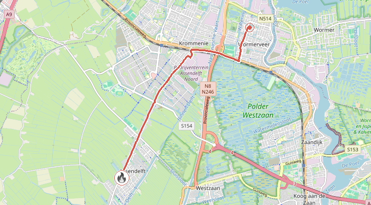 Kaart van de omgeving van de melding, met de kazerne die is gealarmeerd