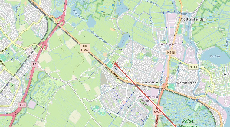 Kaart van de omgeving van de melding, met de kazerne die is gealarmeerd