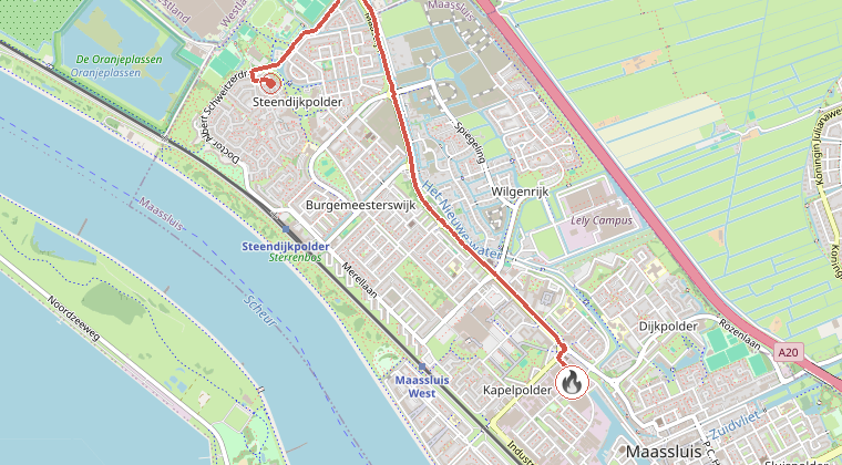 Kaart van de omgeving van de melding, met de kazerne die is gealarmeerd
