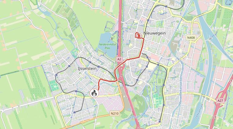 Kaart van de omgeving van de melding, met de kazerne die is gealarmeerd