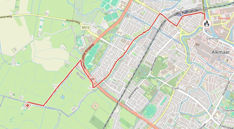 Kaart van de omgeving van de melding, met de kazerne die is gealarmeerd