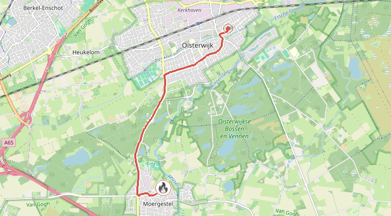 Kaart van de omgeving van de melding, met de kazerne die is gealarmeerd