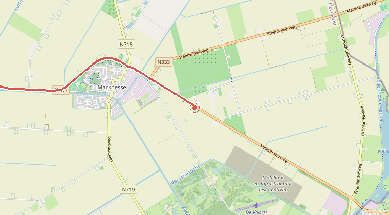 Kaart van de omgeving van de melding, met de kazerne die is gealarmeerd