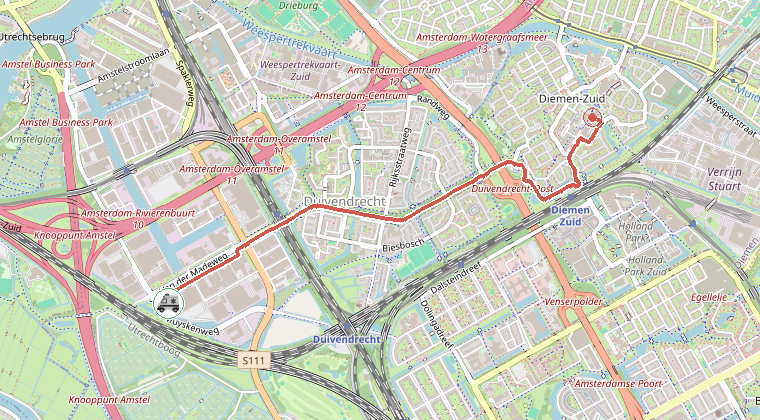 Kaart van de omgeving van de melding, met de kazerne die is gealarmeerd