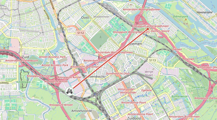 Kaart van de omgeving van de melding, met de kazerne die is gealarmeerd