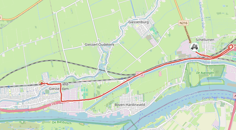 Kaart van de omgeving van de melding, met de kazerne die is gealarmeerd
