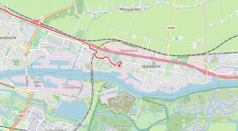 Kaart van de omgeving van de melding, met de kazerne die is gealarmeerd
