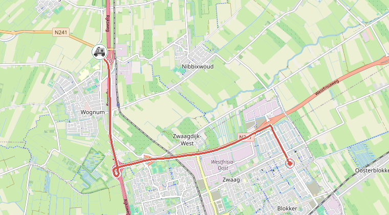 Kaart van de omgeving van de melding, met de kazerne die is gealarmeerd